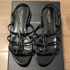 Saint Laurent Black Patent Multi-Strap YSL Logo Sandals